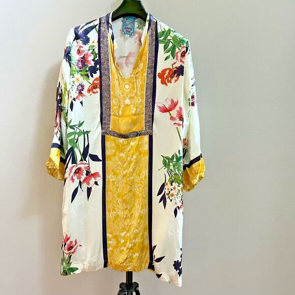 NWOT Johnny Was Jacquard Floral V-neck Mini Dress Sz S Multicolor Pockets